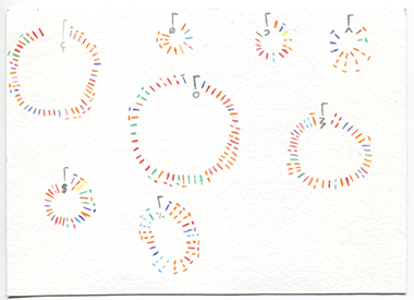 week 1, postcard front, eight different sized circles composed of short multicolored lines