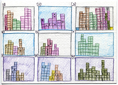 week 2, postcard front, nine squares in three columns, each with different colored bar charts