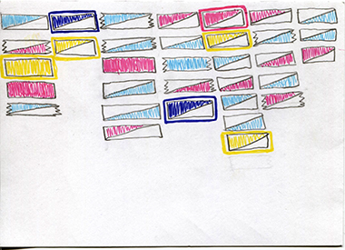 week 1, postcard front, multicolored rectangles divided diagonally, in seven columns