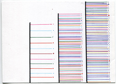 week 2, postcard front, three vertical columns with lots of thin multicolor horizontal lines protruding
