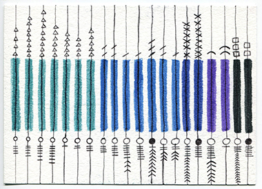 week 2, postcard front, approx. 20 vertical lines, different colored rectangles in the middle, other symbols on lines