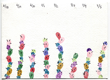 week 1, postcard front, eight multicolor cactus shapes of different heights from bottom of card