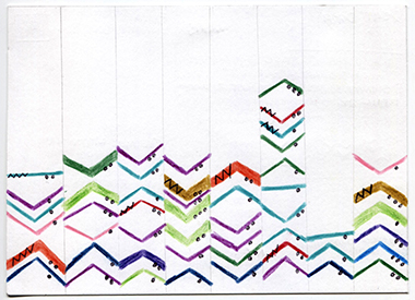 week 2, postcard front, eight columns with multicolor V shapes and black dots