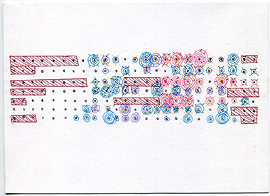 week 1, postcard front, grid of black dots with rectangles and circles