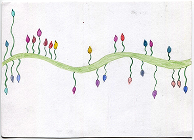 week 2, postcard front, curvy green horizontal line with  colored flower symbols above and below line
