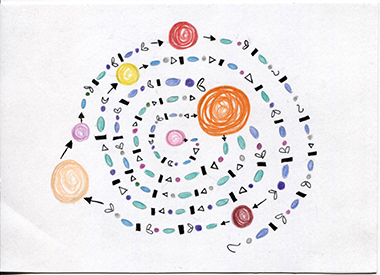 week 1, postcard front, spiral with colored circles and other symbols
