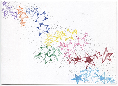 week 2, postcard front, multicolored star shapes with different patterns diagonally drawn across card
