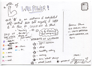 week 2, postcard back, explaining how size, color, position of stars represent aspects of willpower