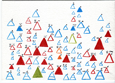 week 1, postcard front, lots of different sized colored triangles with dots around them