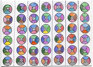 week 1, postcard front, seven columns with multicolor quartered circles