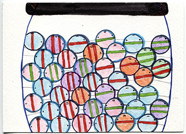 week 2, postcard front, jar shape with many circles inside, circles have different colored lines inside