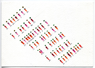 week 1, postcard front, diagonally arranged carrot-shapes in different colors, seven rows