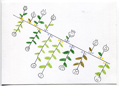 week 2, postcard front, diagonal line with flower shapes above and below, face icons in center