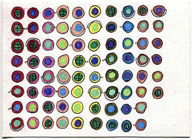 week 1, postcard front, ten columns of multicolored circles, different markings in and around circles