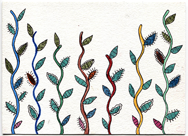 week 2, postcard front, seven vertical vine shapes with different colored leaves