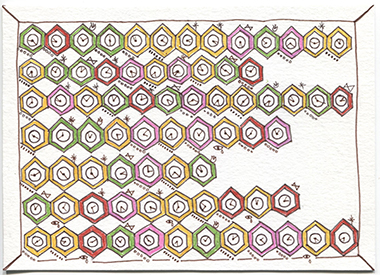 week 1, postcard front, rows of different colored hexagons with clock symbols inside each
