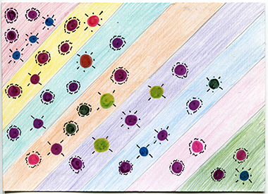 week 2, postcard front, diagonal colored background, colored circles with lines around them