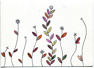 week 1, postcard front, nine curvy vertical lines with different colored leaves