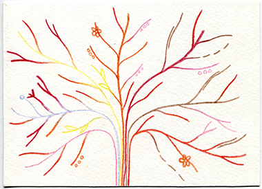 week 2, postcard front, tree shape, mostly bare branches in multiple colors