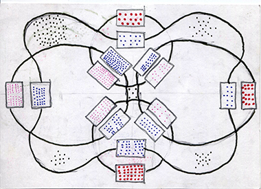 week 1, postcard front, two figure-8 lines with rectangles filled with dots on the lines