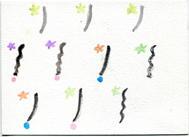 week 2, postcard front, rows of black vertical marks with colored dots and stars around them